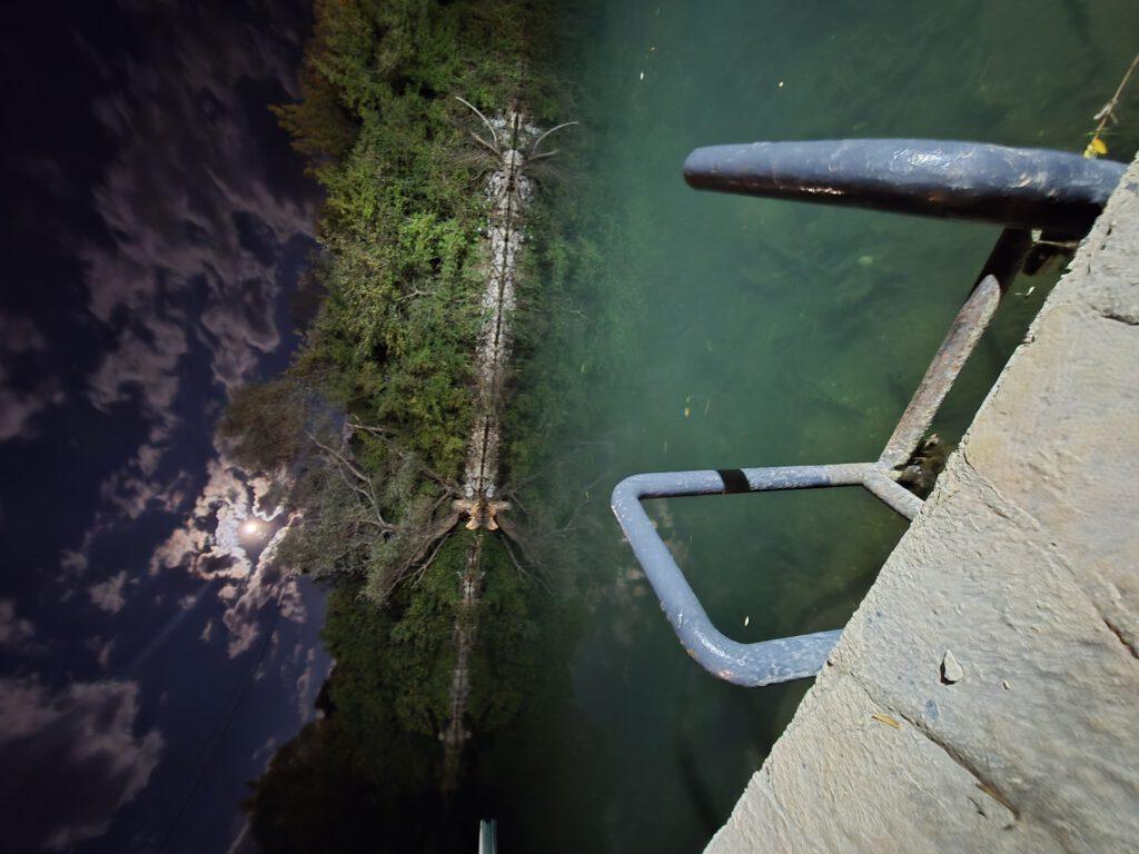 Grünes Wasser und Bäume spiegeln sich in der Dunkelheit wider, ein Geländer ist im Vordergrund zu sehen.